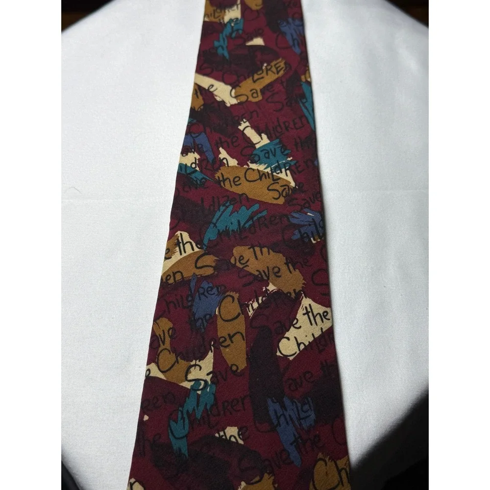 Save the Children Silk Necktie Burgundy‎ Multi Color Text Print Neck Tie